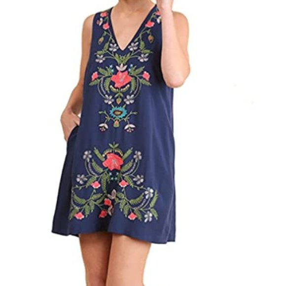 Umgee Dresses & Skirts - Umgee Floral Embroidered Navy Blue V-Neck Dress